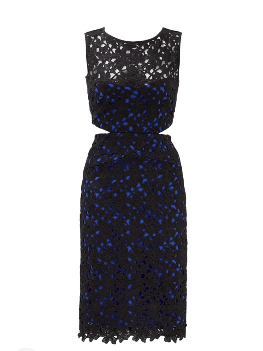 Nicole Miller Black Lace Overlay Sheath Dress with Blue Lining cut out dress